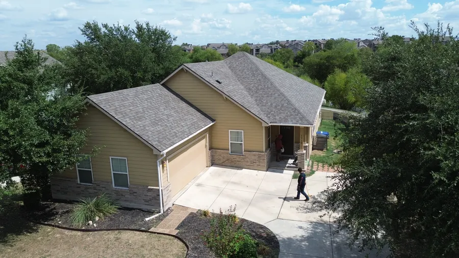 Single-story roof replacement, drone view by DNA Restoration & Construction
